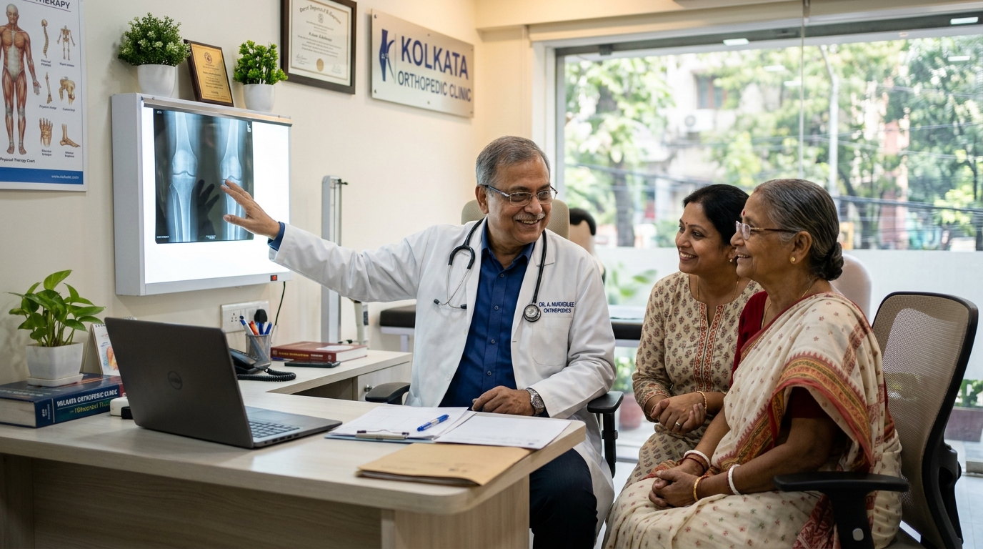 Dr. Aswini Pathak explaining joint X-ray to smiling patient